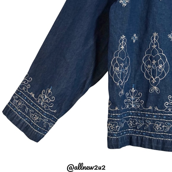 Erika Boho Zippered Embroidered Jean Jacket Silver Threading W / Turquoise Sz XL - Picture 10 of 16